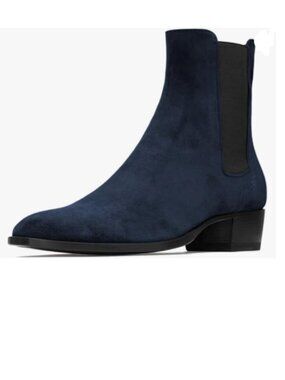 FOWT Deep Blue Men Fashion Round Toe Block Low Heel Pull On Stretchy Ankle Boots